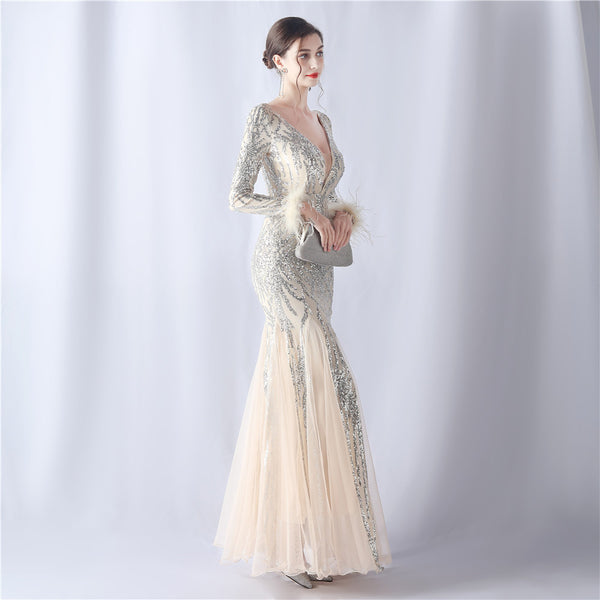2024 High-End Gown with Ostrich Feathers, Sequins & Tulle