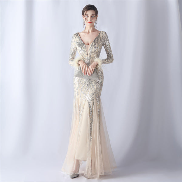 2024 High-End Gown with Ostrich Feathers, Sequins & Tulle