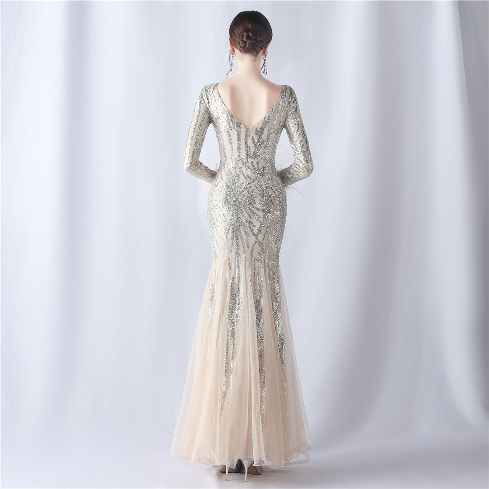 2024 High-End Gown with Ostrich Feathers, Sequins & Tulle