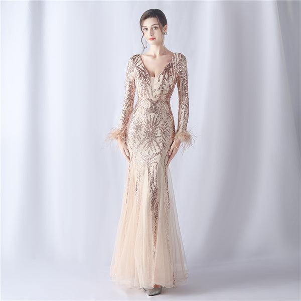 2024 High-End Gown with Ostrich Feathers, Sequins & Tulle