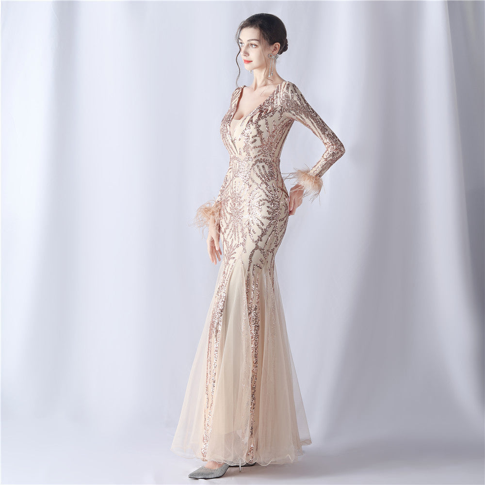 2024 High-End Gown with Ostrich Feathers, Sequins & Tulle