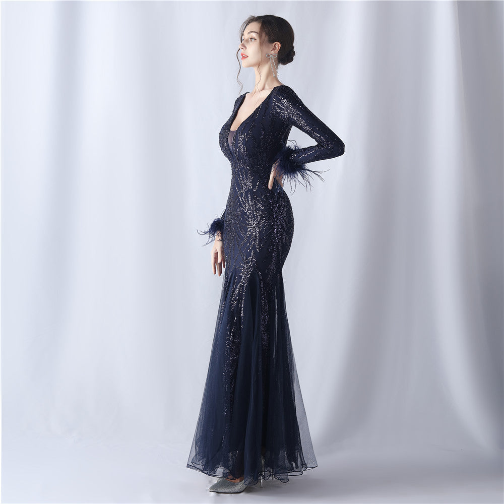 2024 High-End Gown with Ostrich Feathers, Sequins & Tulle