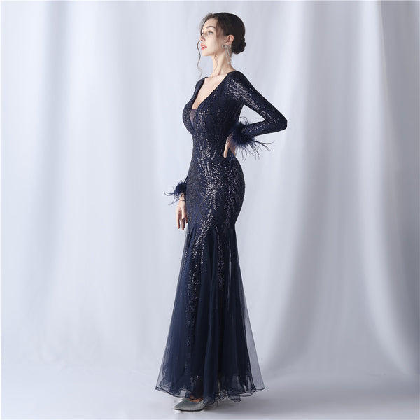 2024 High-End Gown with Ostrich Feathers, Sequins & Tulle