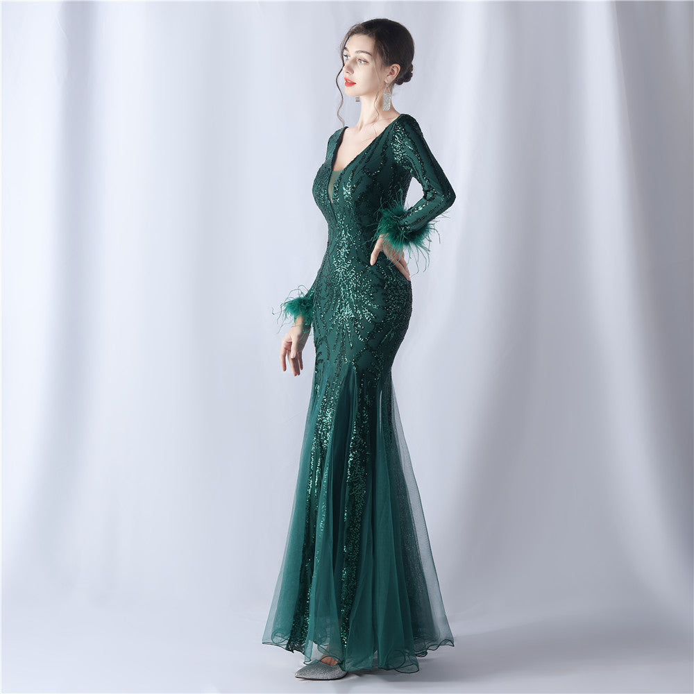 2024 High-End Gown with Ostrich Feathers, Sequins & Tulle