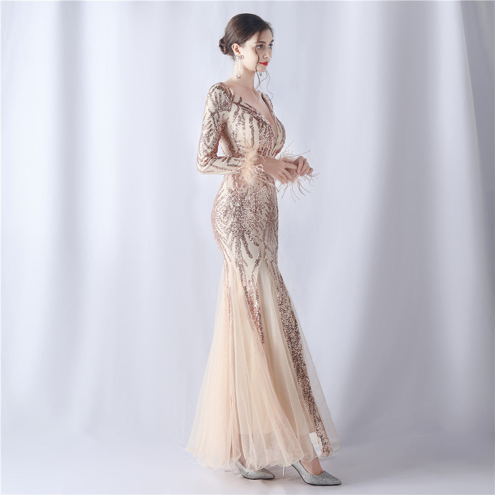 2024 High-End Gown with Ostrich Feathers, Sequins & Tulle