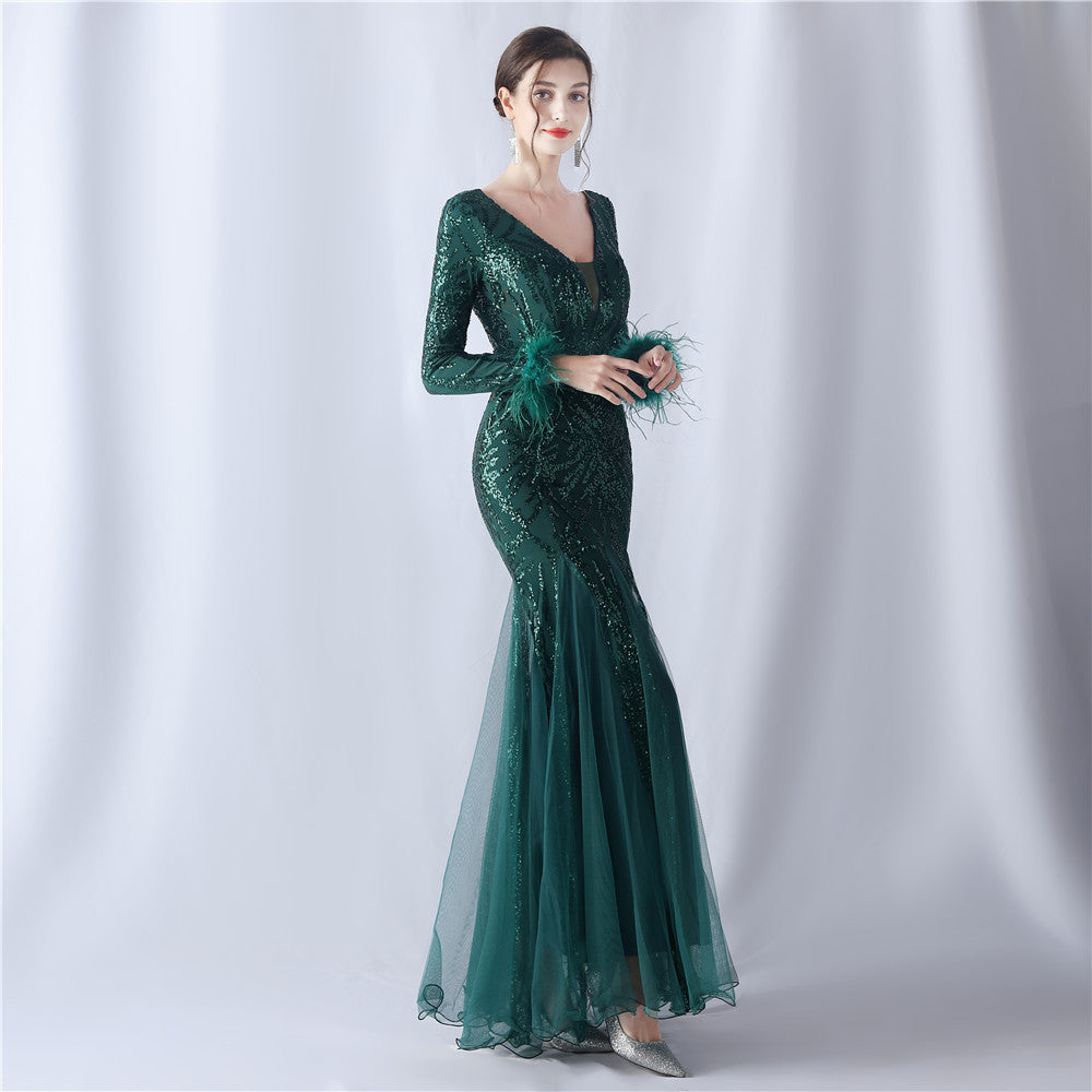 2024 High-End Gown with Ostrich Feathers, Sequins & Tulle