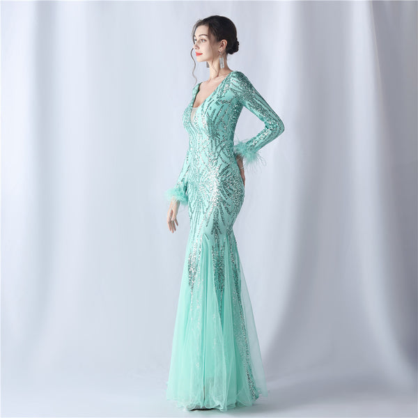 2024 High-End Gown with Ostrich Feathers, Sequins & Tulle