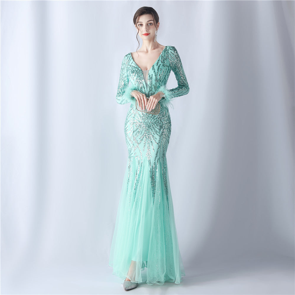2024 High-End Gown with Ostrich Feathers, Sequins & Tulle