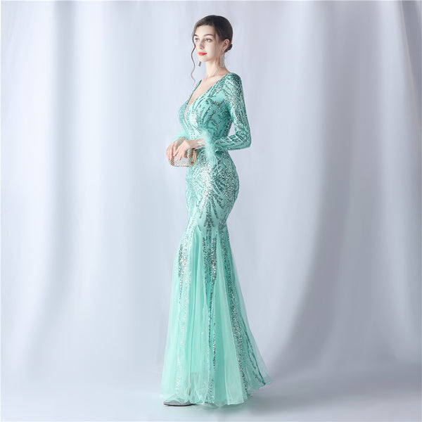 2024 High-End Gown with Ostrich Feathers, Sequins & Tulle