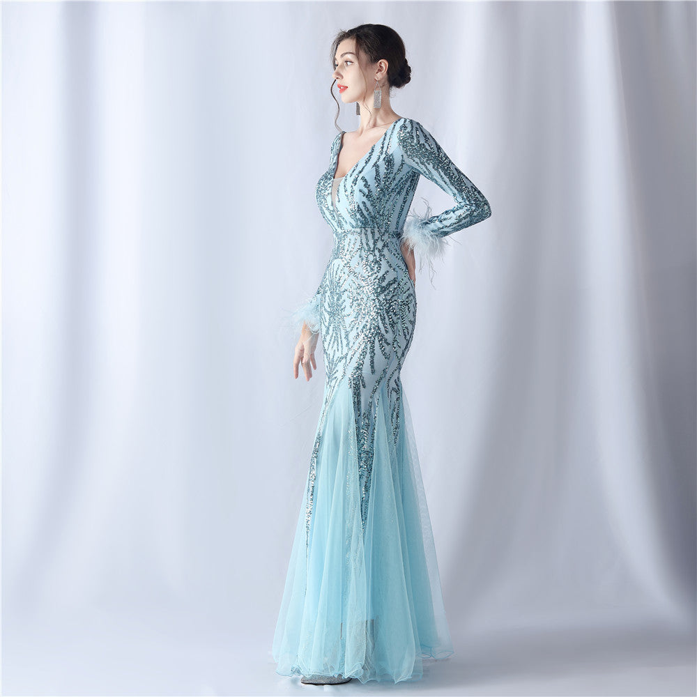 2024 High-End Gown with Ostrich Feathers, Sequins & Tulle