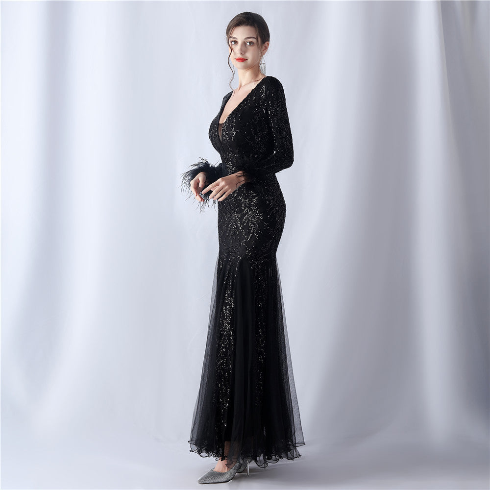 2024 High-End Gown with Ostrich Feathers, Sequins & Tulle