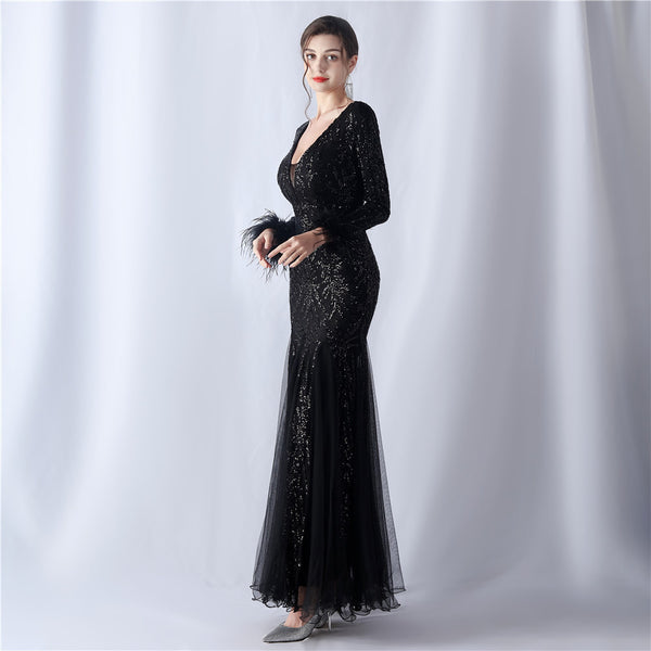 2024 High-End Gown with Ostrich Feathers, Sequins & Tulle