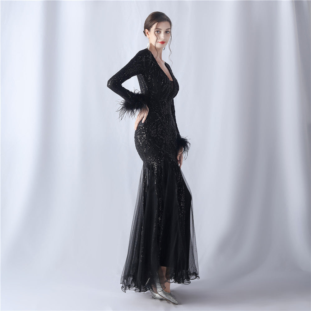 2024 High-End Gown with Ostrich Feathers, Sequins & Tulle