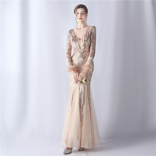 2024 High-End Gown with Ostrich Feathers, Sequins & Tulle
