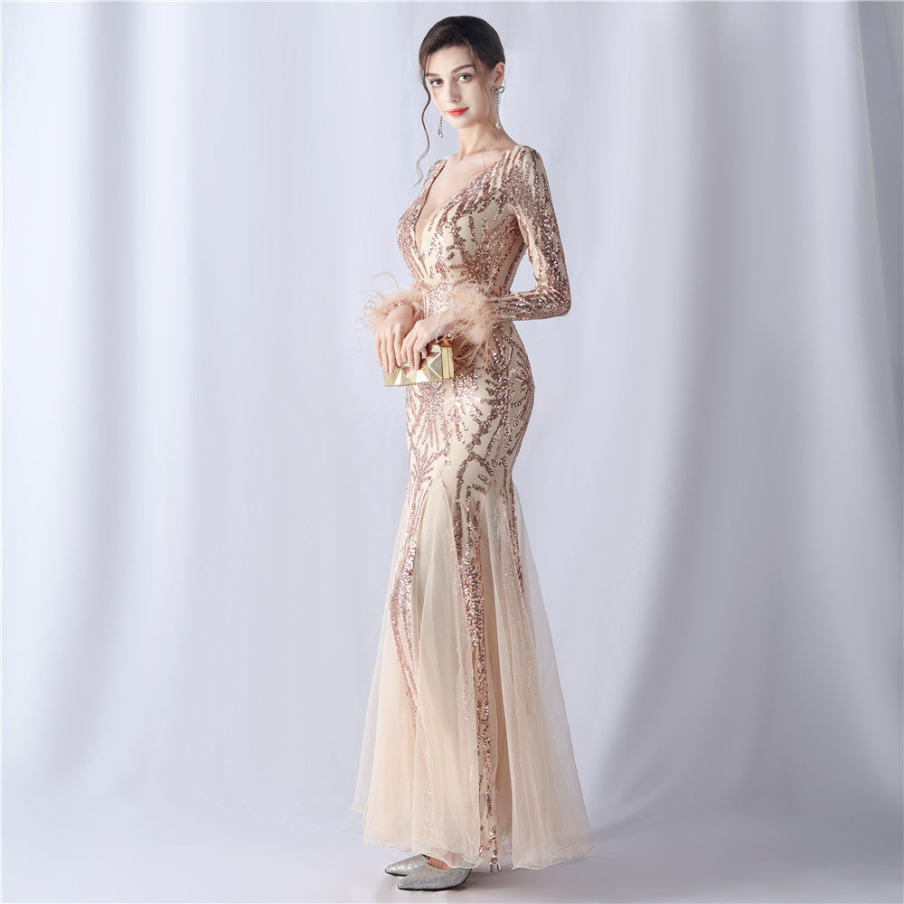 2024 High-End Gown with Ostrich Feathers, Sequins & Tulle
