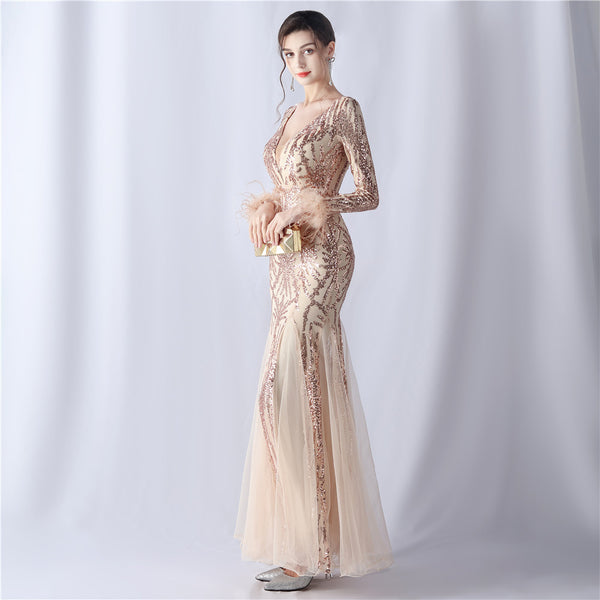2024 High-End Gown with Ostrich Feathers, Sequins & Tulle