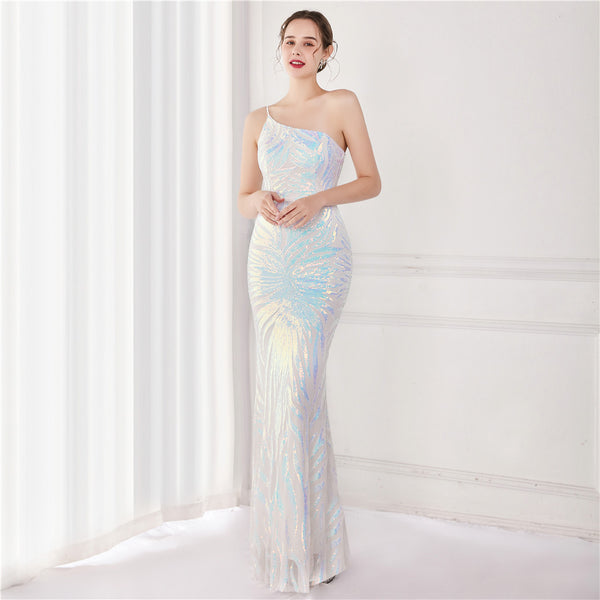 Iridescent Sequin One-shoulder Mermaid Gown for Parties & Weddings