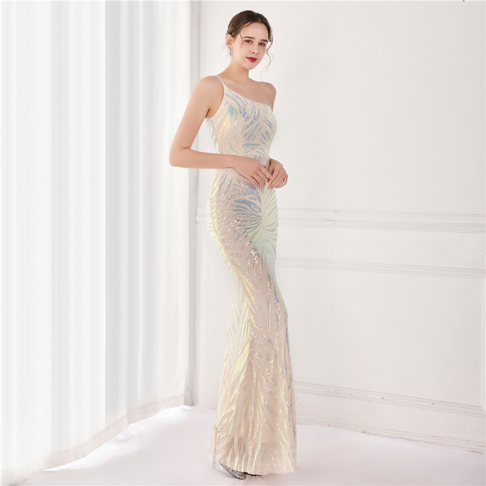 Perleťové flitrové šaty mořské panny s jedním ramenem na párty a svatby
