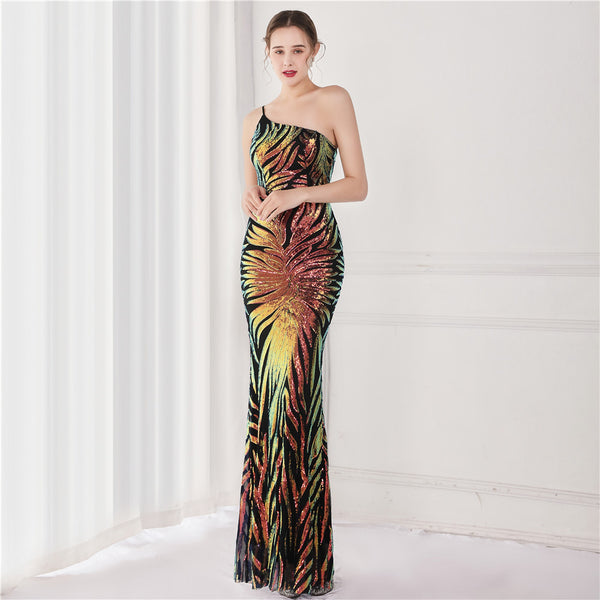 Iridescent Sequin One-shoulder Mermaid Gown for Parties & Weddings