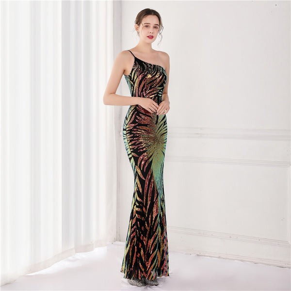 Iridescent Sequin One-shoulder Mermaid Gown for Parties & Weddings