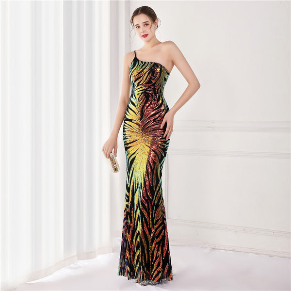 Iridescent Sequin One-shoulder Mermaid Gown for Parties & Weddings