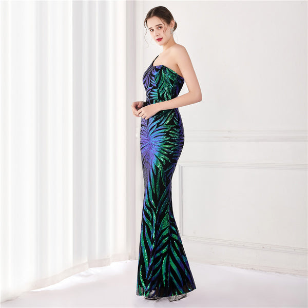 Iridescent Sequin One-shoulder Mermaid Gown for Parties & Weddings