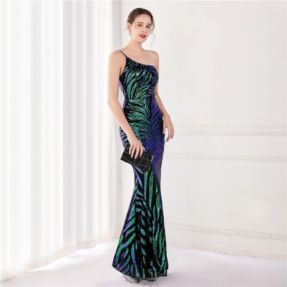 Perleťové flitrové šaty mořské panny s jedním ramenem na párty a svatby