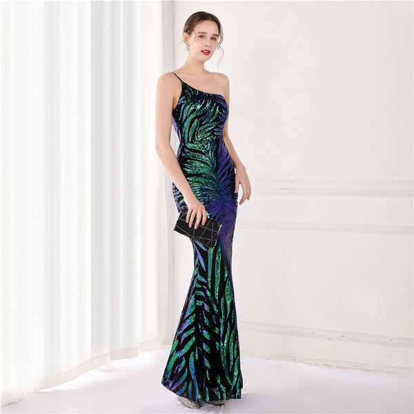 Iridescent Sequin One-shoulder Mermaid Gown for Parties & Weddings