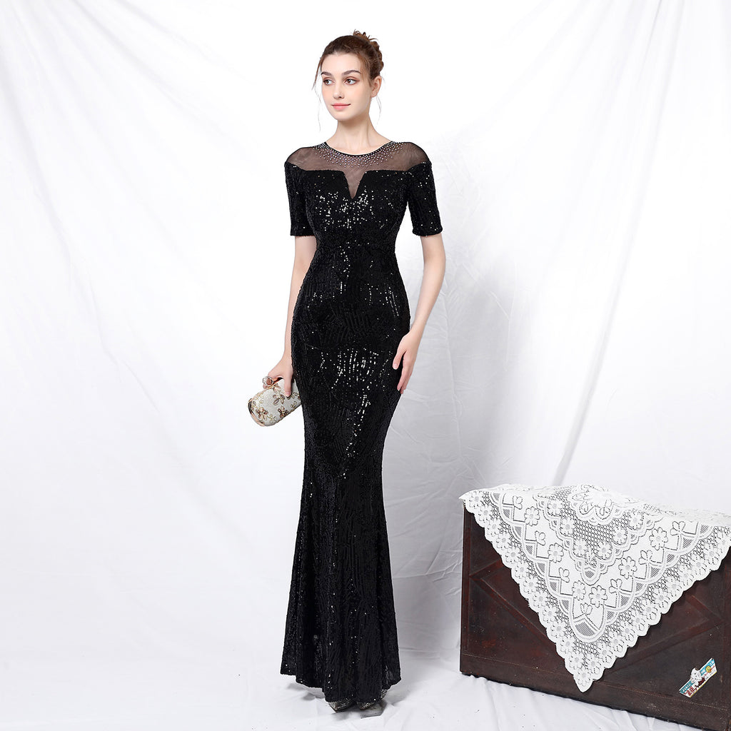 Elegantní 3/4 rukávové flitrové mořské panní šaty pro odvážný vzhled