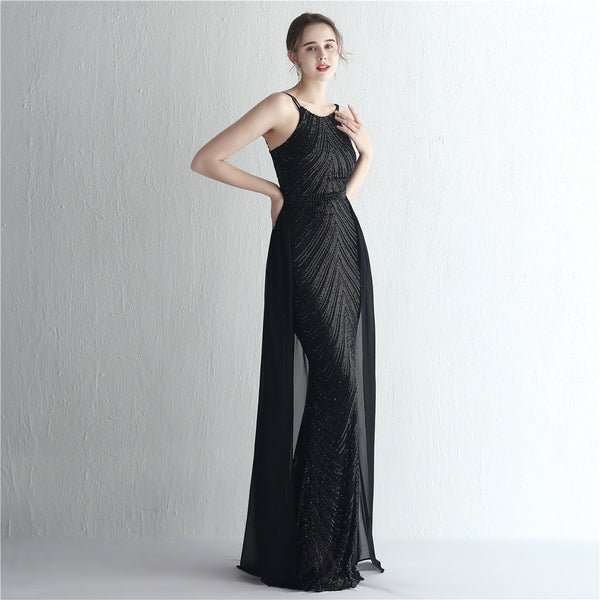 Halter-Neck Chiffon Gown with Floral Sequins & Beading