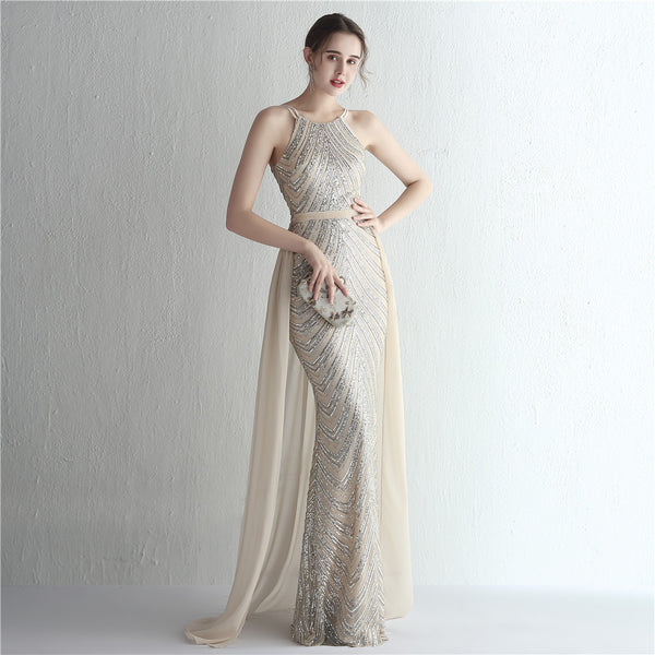 Halter-Neck Chiffon Gown with Floral Sequins & Beading