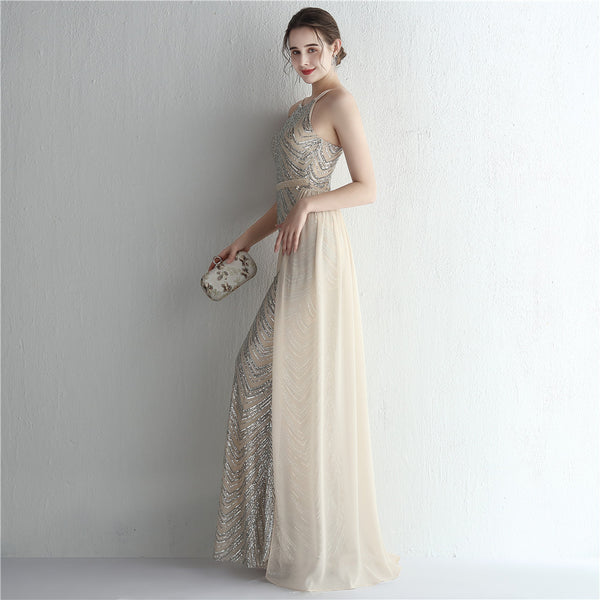 Halter-Neck Chiffon Gown with Floral Sequins & Beading