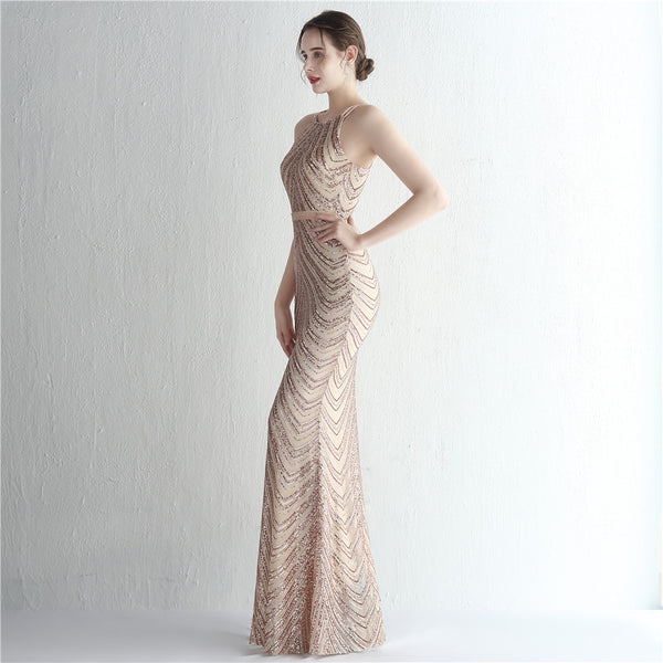 Halter-Neck Chiffon Gown with Floral Sequins & Beading