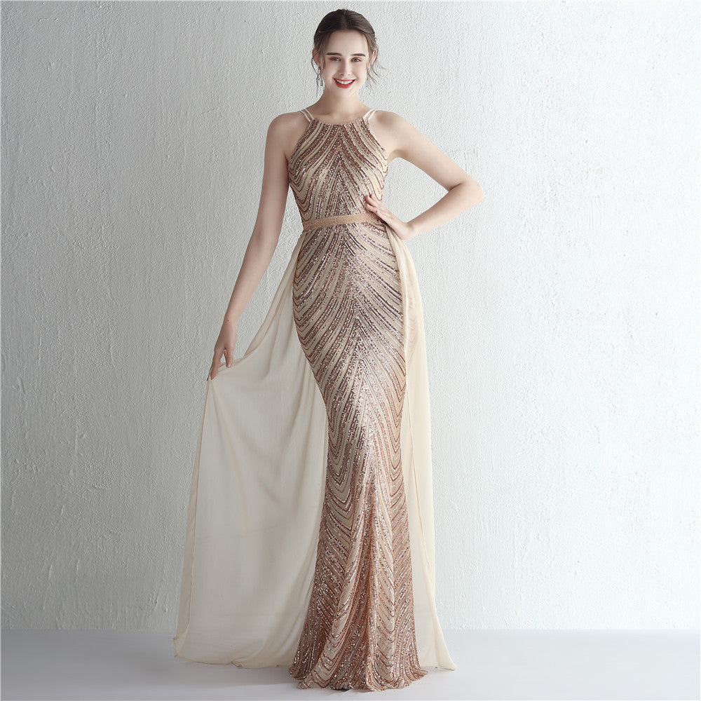 Šaty z šifónu s halter výstřihem, květinovými flitry a korálkováním