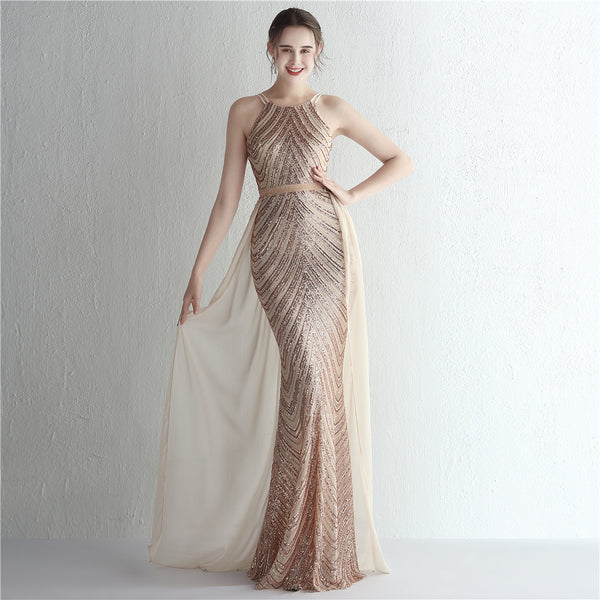 Halter-Neck Chiffon Gown with Floral Sequins & Beading