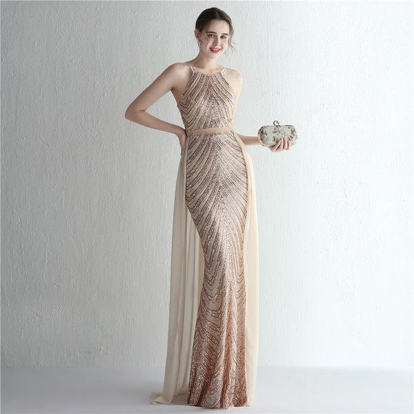 Halter-Neck Chiffon Gown with Floral Sequins & Beading