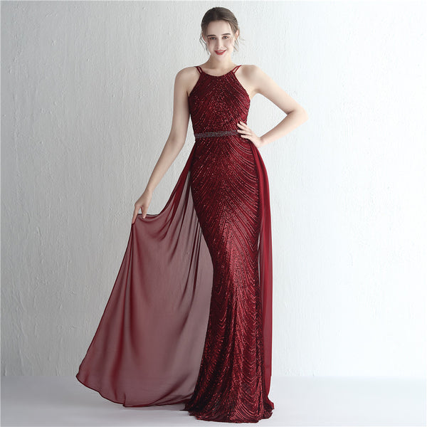 Halter-Neck Chiffon Gown with Floral Sequins & Beading