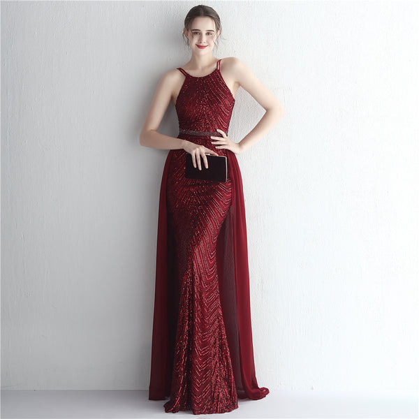 Halter-Neck Chiffon Gown with Floral Sequins & Beading