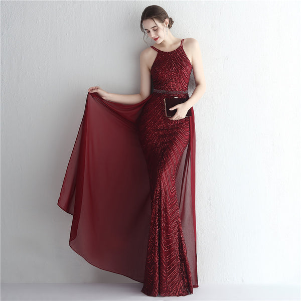 Halter-Neck Chiffon Gown with Floral Sequins & Beading