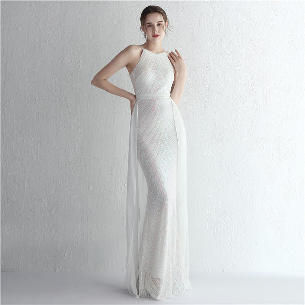 Halter-Neck Chiffon Gown with Floral Sequins & Beading