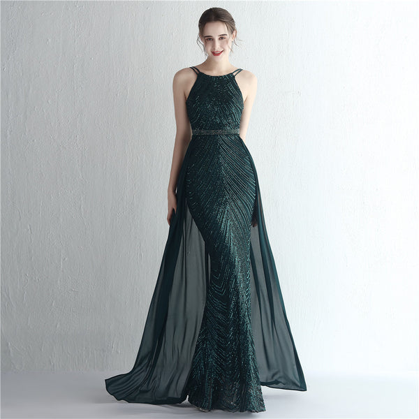 Halter-Neck Chiffon Gown with Floral Sequins & Beading