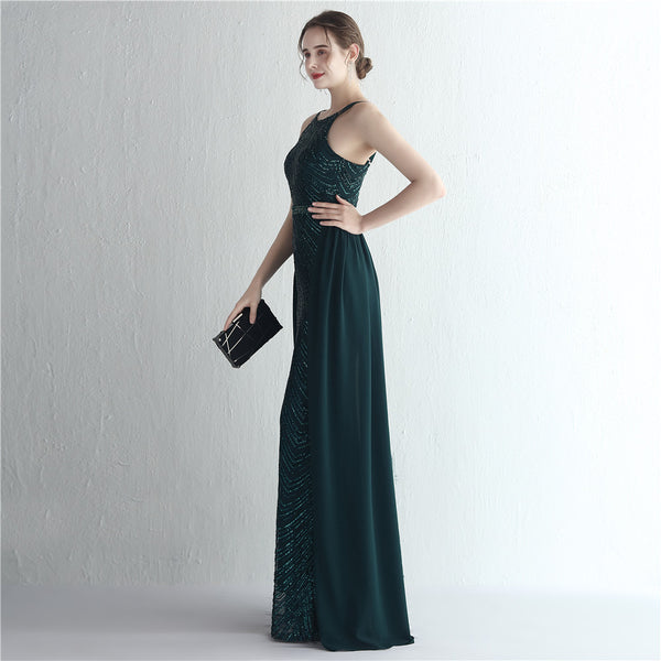 Halter-Neck Chiffon Gown with Floral Sequins & Beading