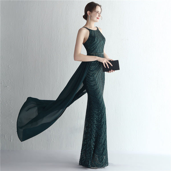 Halter-Neck Chiffon Gown with Floral Sequins & Beading