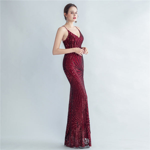 High-Neck Gown with Dense Sequins, Side Slit & Corset Lacing