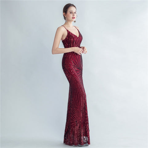High-Neck Gown with Dense Sequins, Side Slit & Corset Lacing