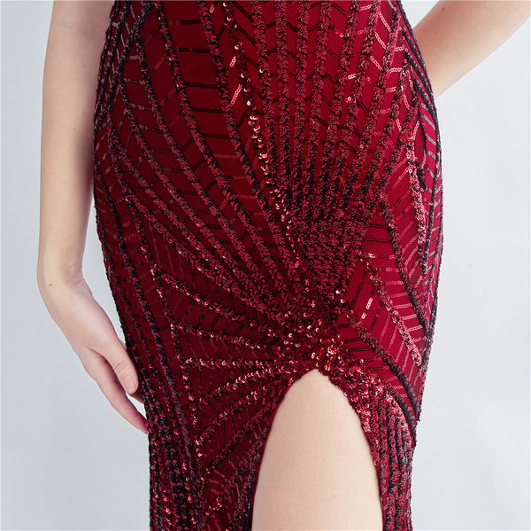 High-Neck Gown with Dense Sequins, Side Slit & Corset Lacing