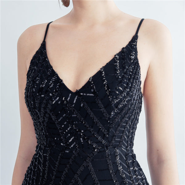 High-Neck Gown with Dense Sequins, Side Slit & Corset Lacing