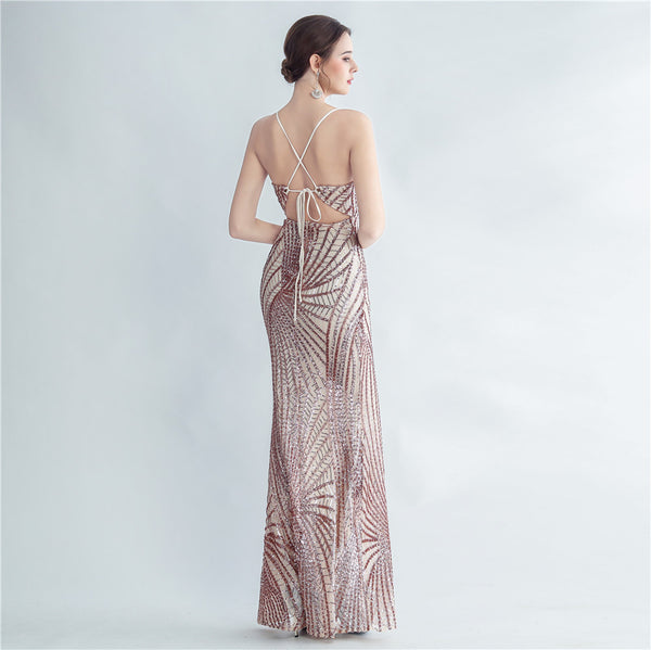 High-Neck Gown with Dense Sequins, Side Slit & Corset Lacing
