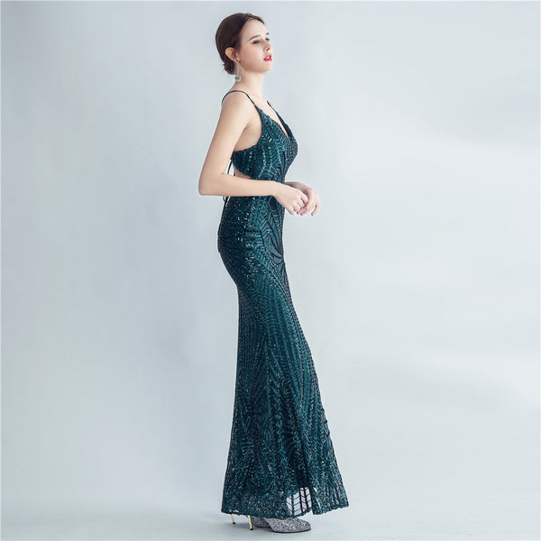 High-Neck Gown with Dense Sequins, Side Slit & Corset Lacing