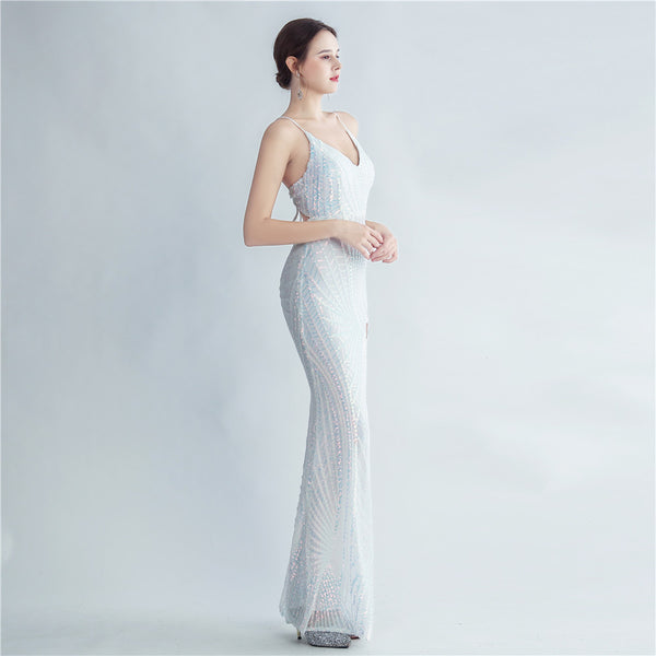 High-Neck Gown with Dense Sequins, Side Slit & Corset Lacing